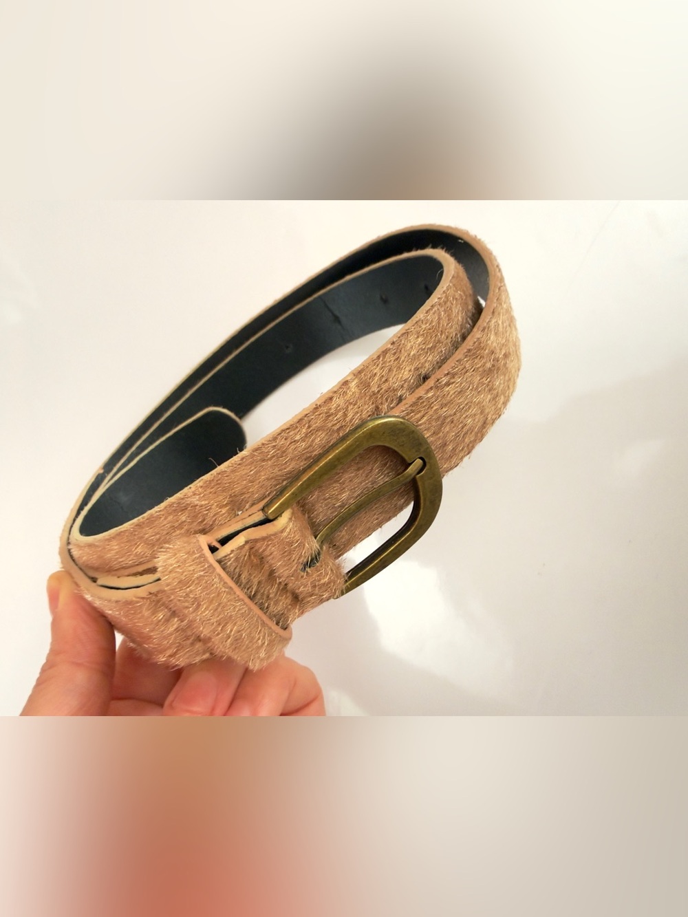 Faux Fur Tan Haircalf Belt with Brass Buckle